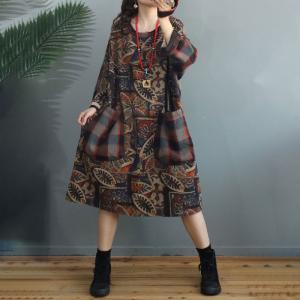 Plaid Pockets Printed Peasant Dress Plus Size Cotton Linen Dress