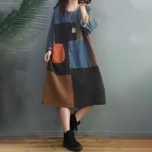 Color Blocks Fashion Denim Dress Large Crew Neck Cotton Linen Dress