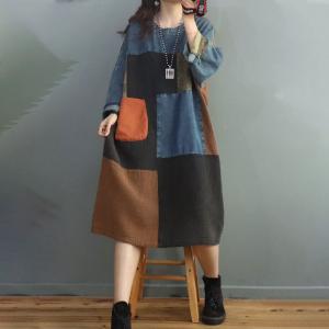 Color Blocks Fashion Denim Dress Large Crew Neck Cotton Linen Dress