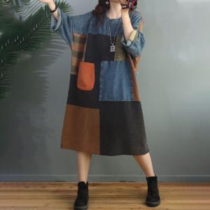 Color Blocks Fashion Denim Dress Large Crew Neck Cotton Linen Dress