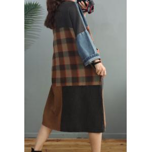 Color Blocks Fashion Denim Dress Large Crew Neck Cotton Linen Dress