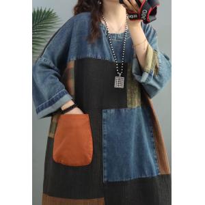 Color Blocks Fashion Denim Dress Large Crew Neck Cotton Linen Dress