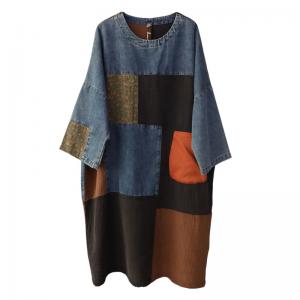 Color Blocks Fashion Denim Dress Large Crew Neck Cotton Linen Dress