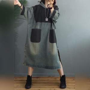 Black Contrast Stone Wash Dress Side Slits Denim Hooded Dress