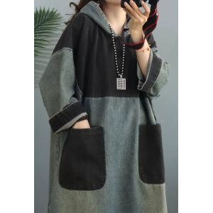 Black Contrast Stone Wash Dress Side Slits Denim Hooded Dress