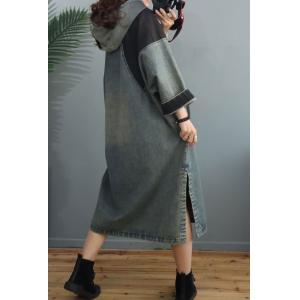 Black Contrast Stone Wash Dress Side Slits Denim Hooded Dress