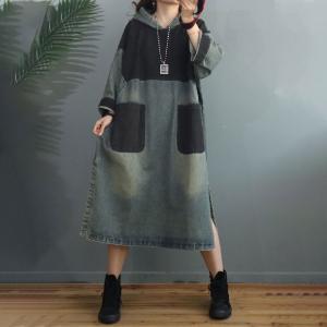 Black Contrast Stone Wash Dress Side Slits Denim Hooded Dress