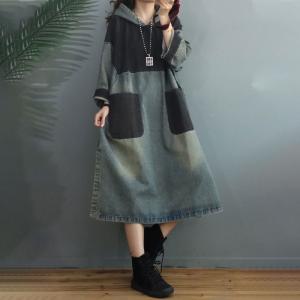 Black Contrast Stone Wash Dress Side Slits Denim Hooded Dress