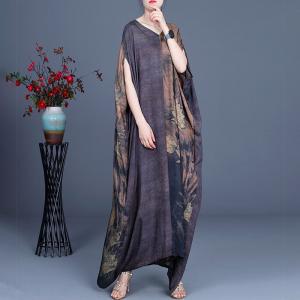 Gray Contrast Printed Chinese Dress Silk Plus Size Caftan