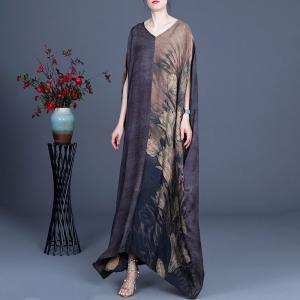 Gray Contrast Printed Chinese Dress Silk Plus Size Caftan