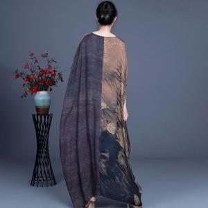 Gray Contrast Printed Chinese Dress Silk Plus Size Caftan