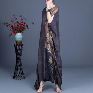 Gray Contrast Printed Chinese Dress Silk Plus Size Caftan