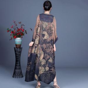 Bat Sleeves Flowers Silk Caftan Plus Size Modest Dress for Senior Women