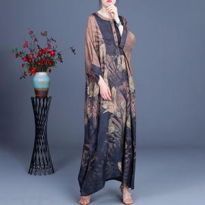 Bat Sleeves Flowers Silk Caftan Plus Size Modest Dress for Senior Women