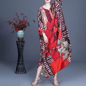 Stripes and Red Flowers Moroccan Kaftan Side Slits Summer Resort Wear