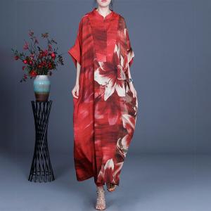 Stand Collar Big Flowers Spring Dress Silky Loose Vacation Dress