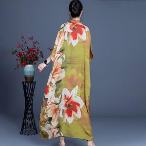 Stand Collar Big Flowers Spring Dress Silky Loose Vacation Dress