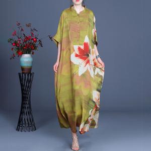 Stand Collar Big Flowers Spring Dress Silky Loose Vacation Dress