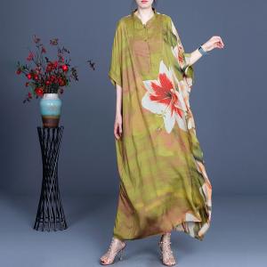 Stand Collar Big Flowers Spring Dress Silky Loose Vacation Dress
