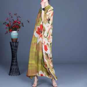 Stand Collar Big Flowers Spring Dress Silky Loose Vacation Dress