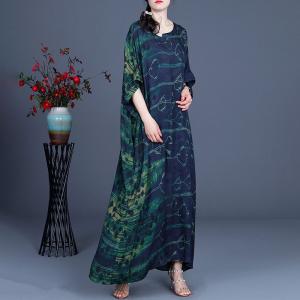 Green Patterns Short Sleeve Summer Dress Silk Vintage Maxi Dress