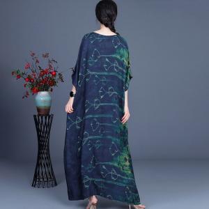Green Patterns Short Sleeve Summer Dress Silk Vintage Maxi Dress