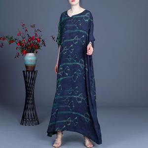 Green Patterns Short Sleeve Summer Dress Silk Vintage Maxi Dress