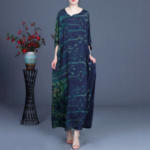 Green Patterns Short Sleeve Summer Dress Silk Vintage Maxi Dress