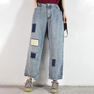 Blue Patchwork Straight Legs Jeans Loose 90s Mom Jeans