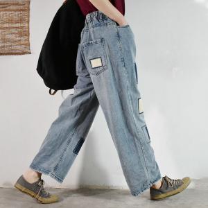 Blue Patchwork Straight Legs Jeans Loose 90s Mom Jeans