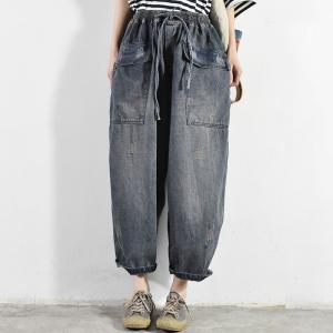 Flapn Pockets Denim Pull-On Pants Ripped Stone Wash Jeans