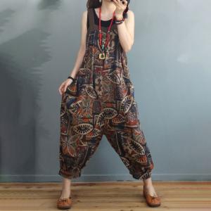 Senior Women Ethnic Overalls Balloon Legs Cotton Linen Overalls