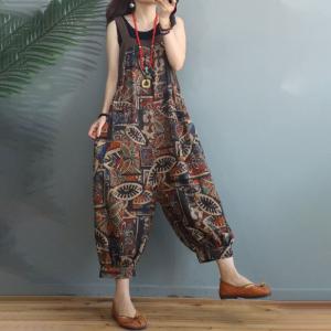 Senior Women Ethnic Overalls Balloon Legs Cotton Linen Overalls