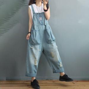 Street Style Stone Wash Overalls Pockets Ripped Dungarees