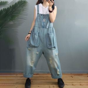 Street Style Stone Wash Overalls Pockets Ripped Dungarees