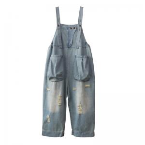 Street Style Stone Wash Overalls Pockets Ripped Dungarees