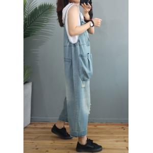 Street Style Stone Wash Overalls Pockets Ripped Dungarees