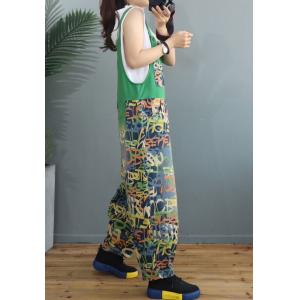 Colorful Graffiti Prints Green Overalls Smile Face Denim Bib Overalls