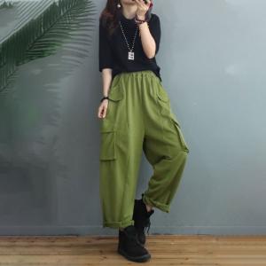 Flap Pockets Plus Size Cargo Pants Womens Cotton Slouchy Pants