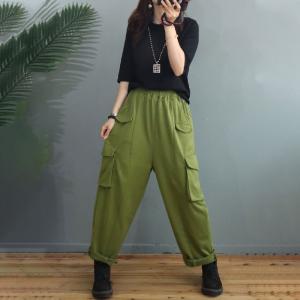 Flap Pockets Plus Size Cargo Pants Womens Cotton Slouchy Pants