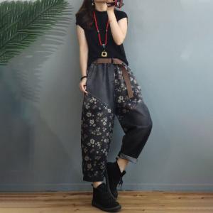 Casual Style Black Floral Jeans Baggy Womens Carrot Jeans