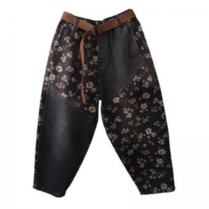 Casual Style Black Floral Jeans Baggy Womens Carrot Jeans