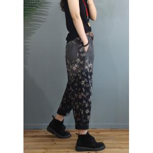 Casual Style Black Floral Jeans Baggy Womens Carrot Jeans