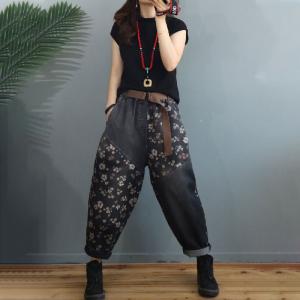 Casual Style Black Floral Jeans Baggy Womens Carrot Jeans