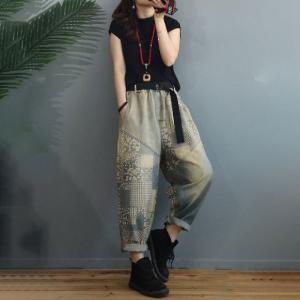 Relax-Fit Baggy Dad Jeans Folk Prints Light Wash Jeans for Women