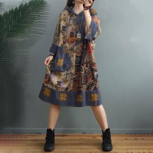 Cotton Linen Folk Hooded Dress Printed Plus Size Midi Dress