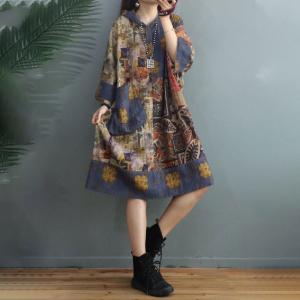 Cotton Linen Folk Hooded Dress Printed Plus Size Midi Dress