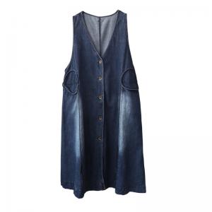 V-Neck Stone Wash Denim Dress Sleeveless Belted Long Vest Coat
