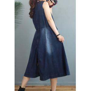 V-Neck Stone Wash Denim Dress Sleeveless Belted Long Vest Coat