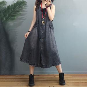 V-Neck Stone Wash Denim Dress Sleeveless Belted Long Vest Coat